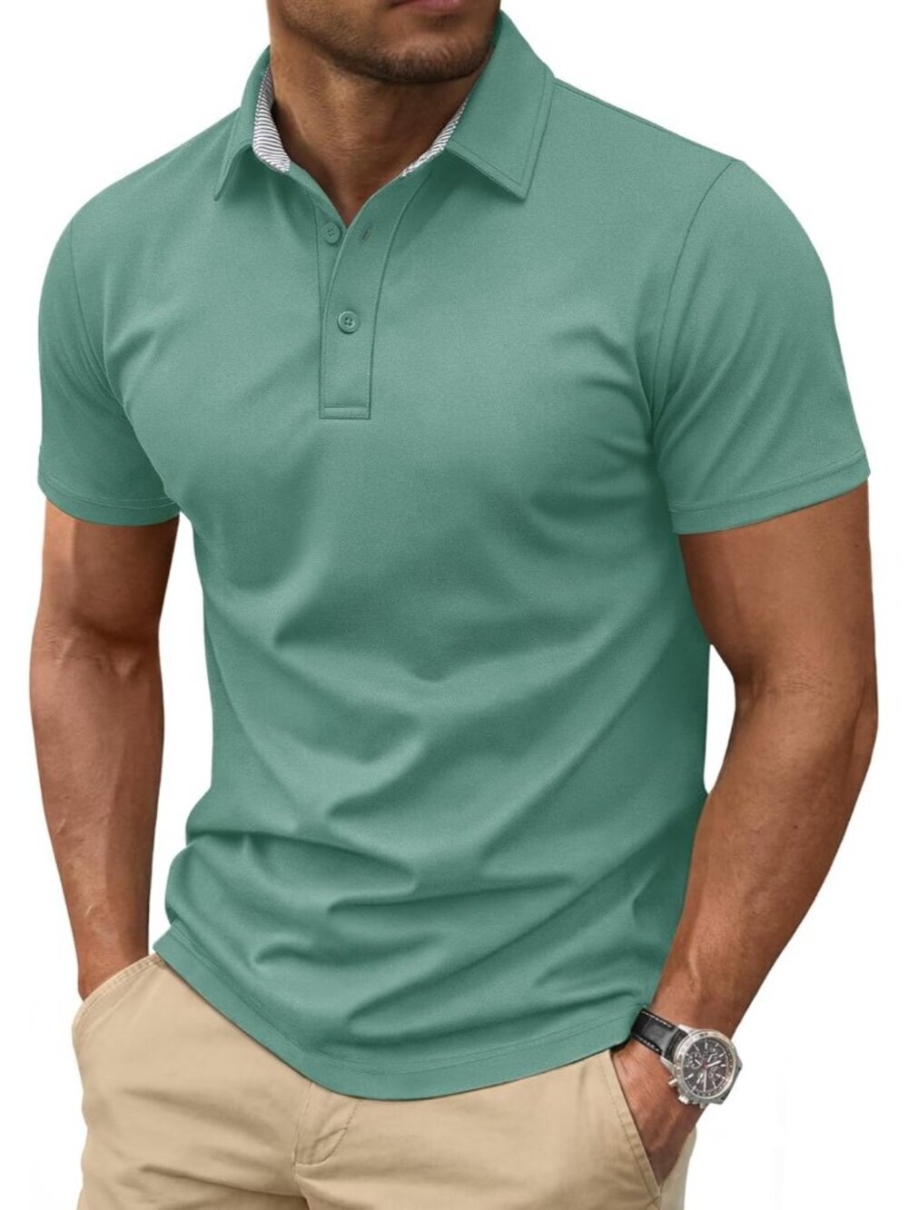 Men's Gray Green Cotton Pique Polo Shirt Short Sleeve 3 Button Classic Fit Golf